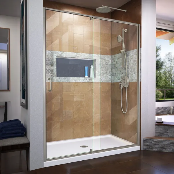 Flex 32" Semi-Frameless Shower Door, Brushed Nickel, Center Drain White Base Kit