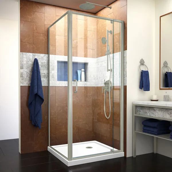 Flex 32"x32" Semi-Frameless Pivot Shower Enclosure, White Base Brushed Nickel