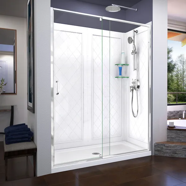Flex 32"x60" Semi-Frameless Shower Door,Chrome,Center Drain White Base,Backwalls