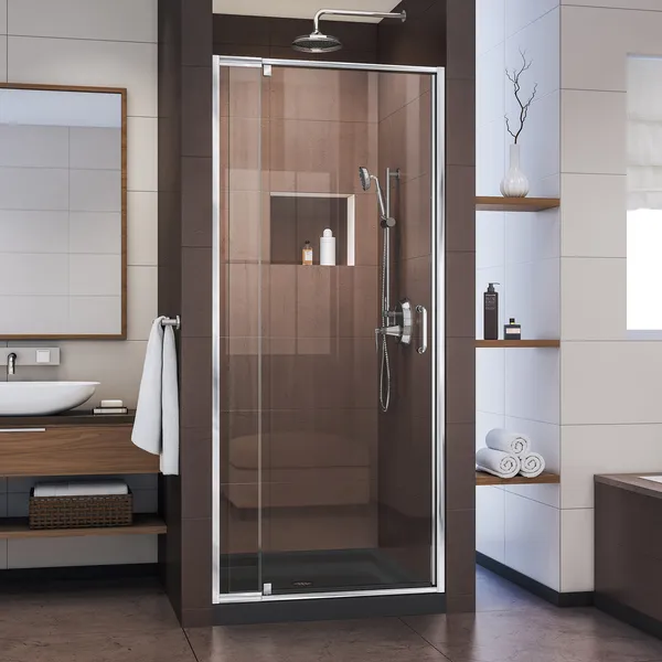Flex 36"Dx36"W Semi-Frameless Pivot Shower Door, Chrome, Center Drain Black Base