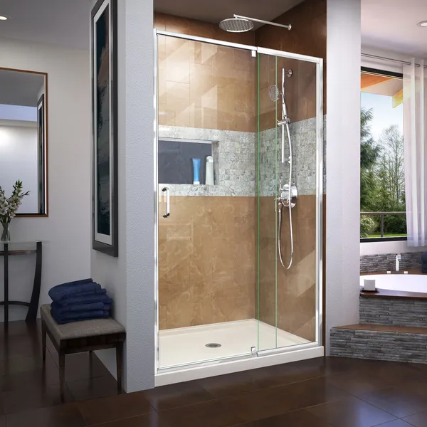 Flex 36"x48"x74.75" Frameless Pivot Shower Door Kit, Chrome, Biscuit Base