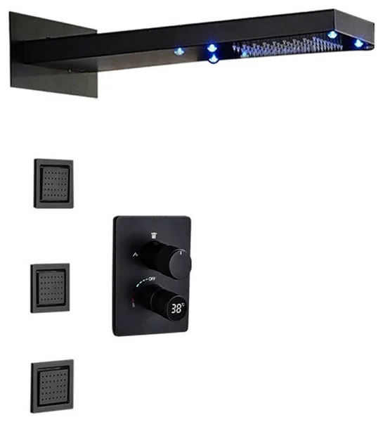 Fontana 22" Matte Black Rainfall Shower System & 3 Jetted Body Sprays, LED