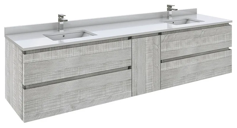 Formosa 84" Wall Hung Double Sink Modern Bathroom Cabinet w/ Top & Sinks in Ash