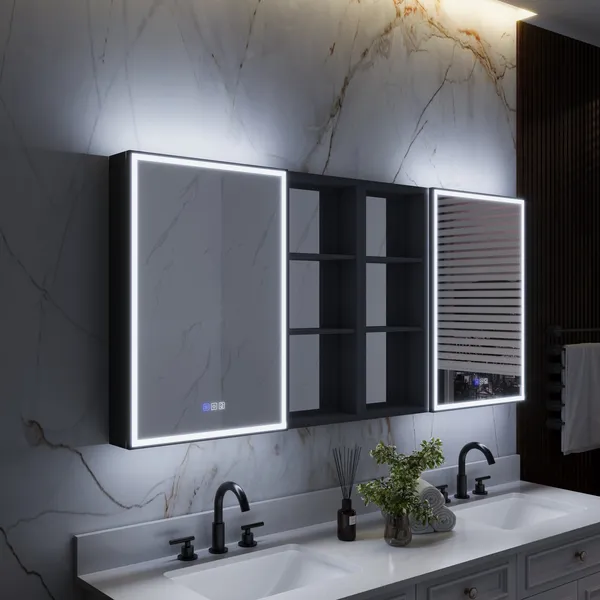 Framed LED Medicine Cabinet Recessed/Surface Mount, Dimmable, Anti-fog, Black, 64"x30" Left/Right Door, 2 Side Cabinets