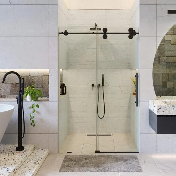 Frameless Clear Sliding Shower Door With Tempered Glass - Shower Bathroom Door, Black, 60" X 80", Single Sliding Door