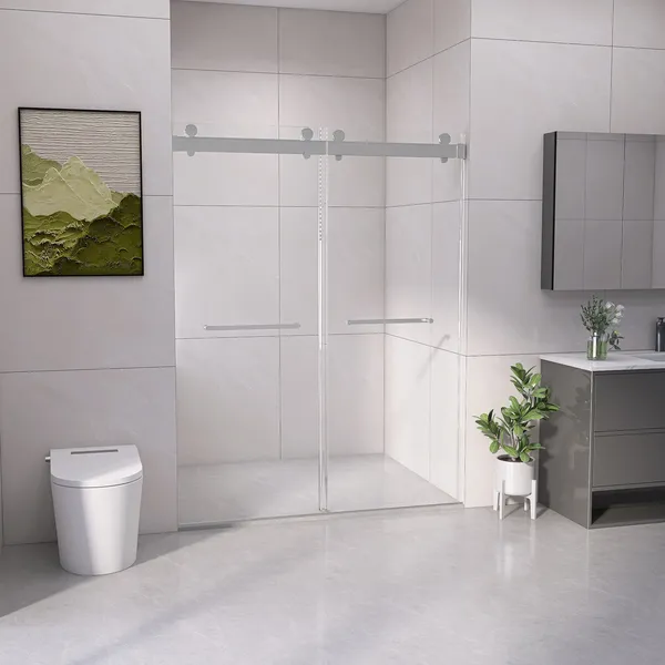 Frameless Double Sliding Shower Door, Brushed Nickel, 56-60"