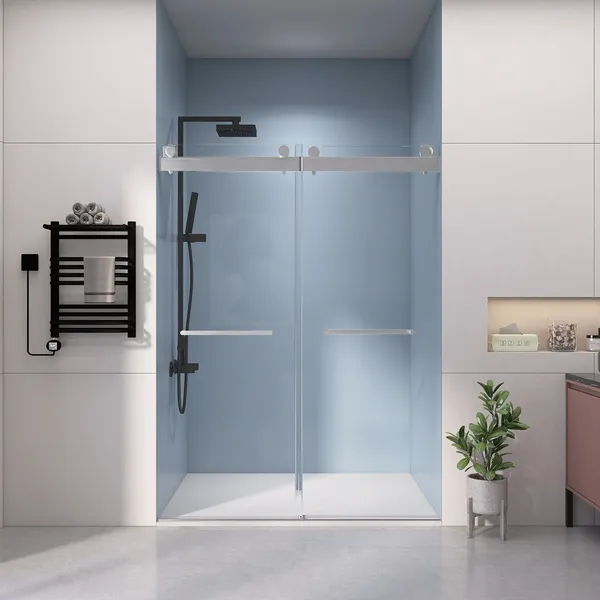 Frameless Double Sliding Shower Door, Brushed Nickel, 57-60"