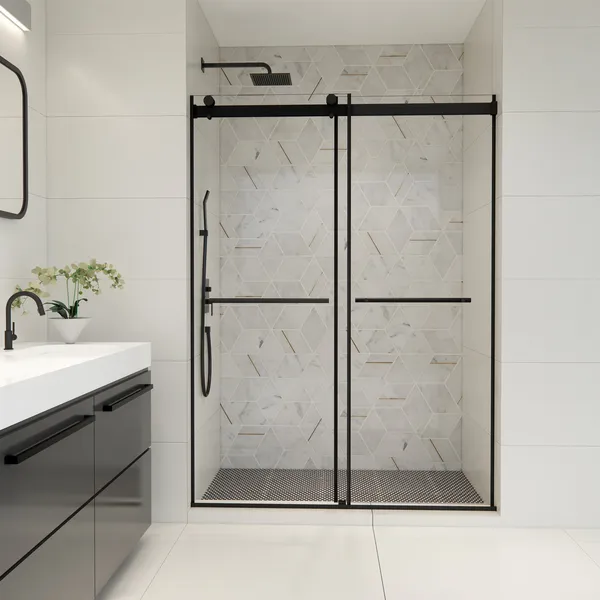 Frameless Exposed Roller Shower Door, Clear Glass, Matte Black, 56" W X 76" H