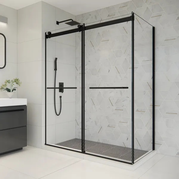 Frameless Exposed Roller Shower Enclosure, Matte Black, 60" W X 76" H