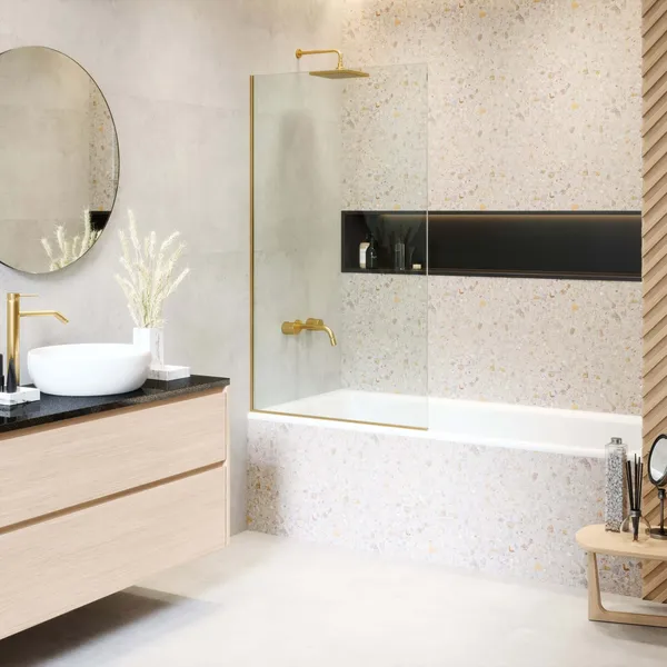 Frameless Fixed Tub Shower Glass Panel - Clear Tempered Glass Bathroom Screen, Satin Brass, 34"
