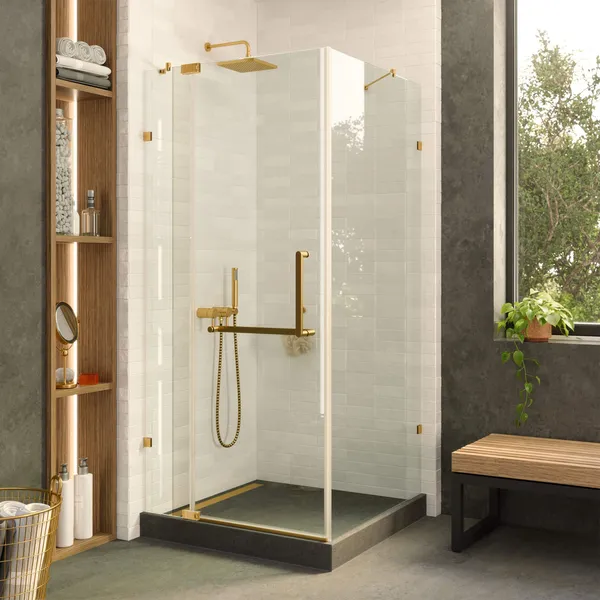 Frameless Shower Enclosure Hinged Tempered Glass, Satin Brass, 30" X 30"