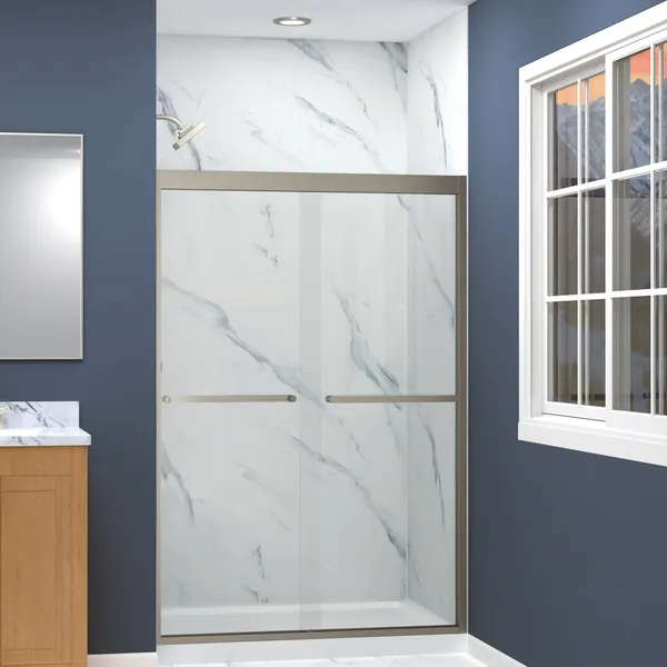 Frederick 47 in. W x 70 in. H Shower Door in Brushed Nickel with Clear Glass