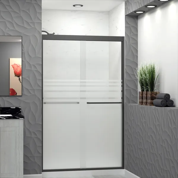 Frederick 47 in. W x 76 in. H Shower Door in Matte Black with Frosted Glass