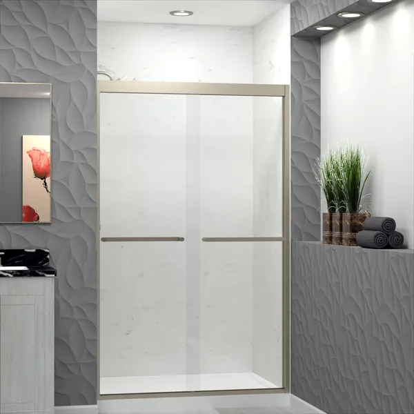 Frederick 47"Wx76"H Clear Glass Shower Door, Brushed Stainless, Riley Handles