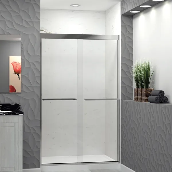 Frederick 47"Wx76"H Clear Glass Shower Door, Polished Chrome, Riley Handles