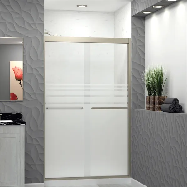 Frederick 47"Wx76"H Frosted Glass Shower Door, Brushed Nickel, Riley Handles