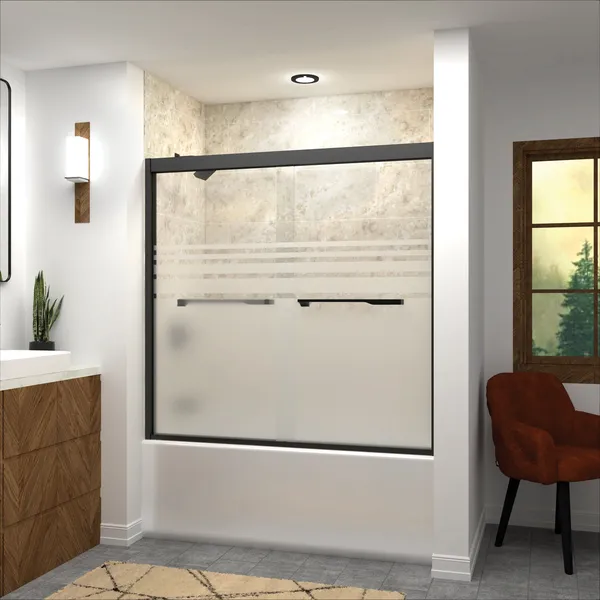 Frederick 59 in. W x 58 in. H Shower Door in Matte Black with Frosted Glass
