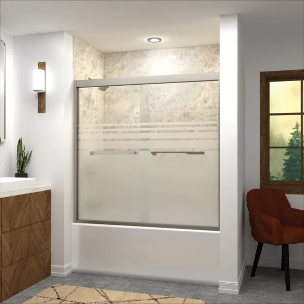 Frederick 59"Ws58"H Frosted Glass Shower Door, Brushed Nickel, Justin Handles