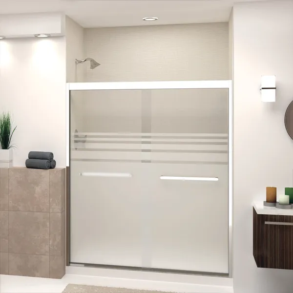 Frederick 59"Wx70"H Frosted Glass Shower Door, Polished Chrome, Riley Handles