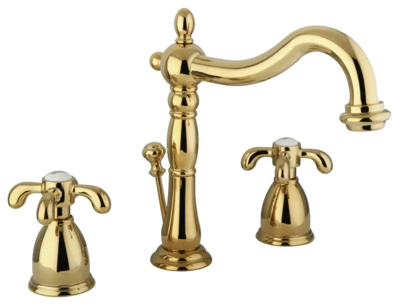 French Country Widespread Bathroom Faucet with Brass Pop-Up and Curved Spout, Brass