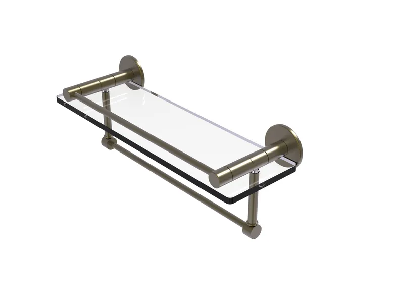 Fresno 16" Glass Shelf with Vanity Rail and Towel Bar, Antique Brass