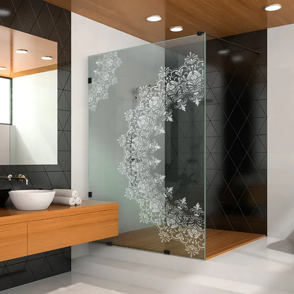 Frosted Shower Glass Fixed Panel with Sandblasting Design, Design from No# 1 to 8, 47" X 75", Right, Include Support Bar