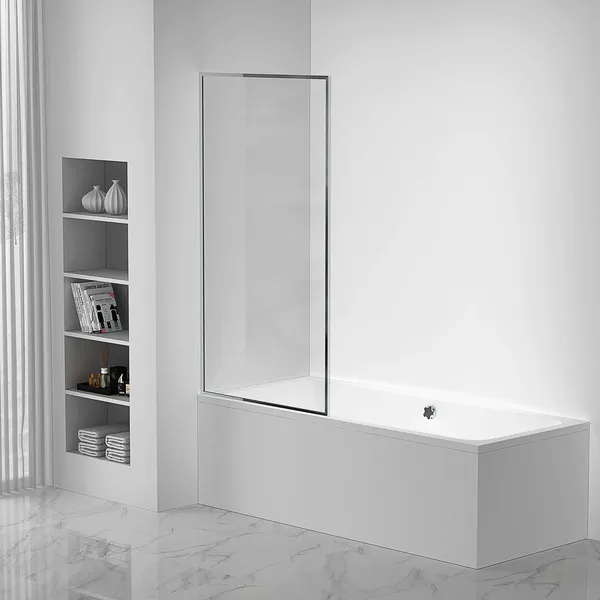 Full Frame Fixed Tub Shower Glass Panel - Clear Tempered Glass Bathroom Screen, Polished Chrome, 34"