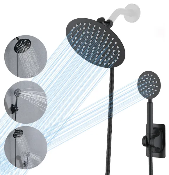 Full Metal Round Hand Shower, High Pressure 8'' Stainless Steel Rain Shower Set, Matte Black