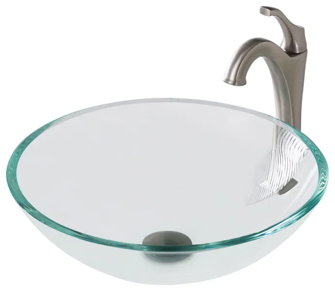 Glass Vessel Sink, Arlo Bathroom Faucet, Drain, Ring, Spot Free Stainless Steel