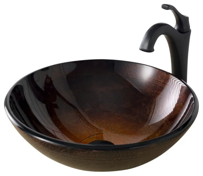 Glass Vessel Sink, Bathroom Arlo Faucet, PU Drain, Mount Ring, Matte Black