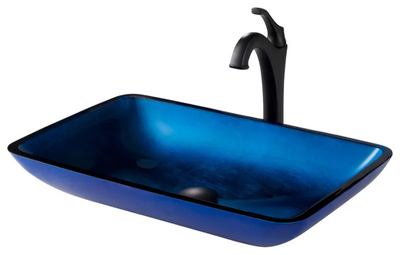 Glass Vessel Sink, Bathroom Arlo Faucet, PU Drain, Mounting Ring, Matte Black