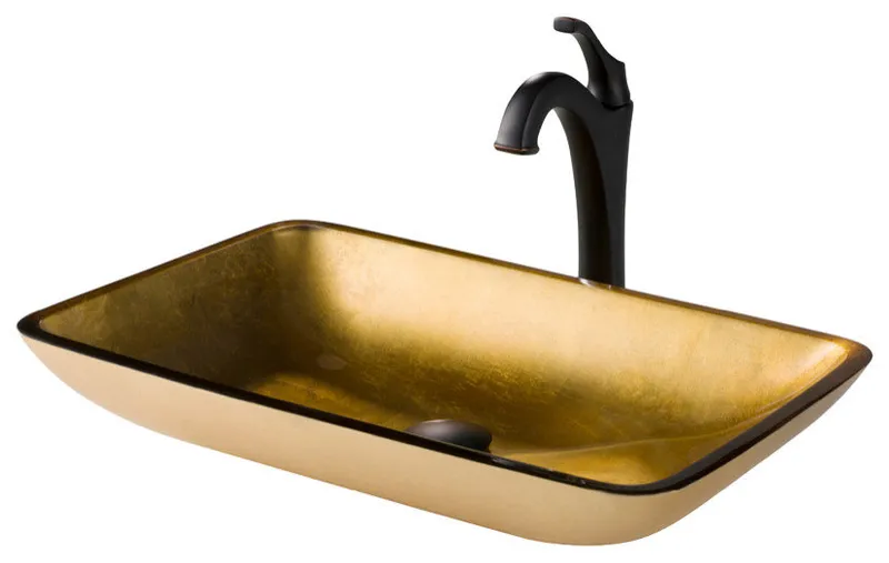 Glass Vessel Sink, Bathroom Arlo Faucet, PU Drain, Mounting Ring, Oil Rubbed Bronze