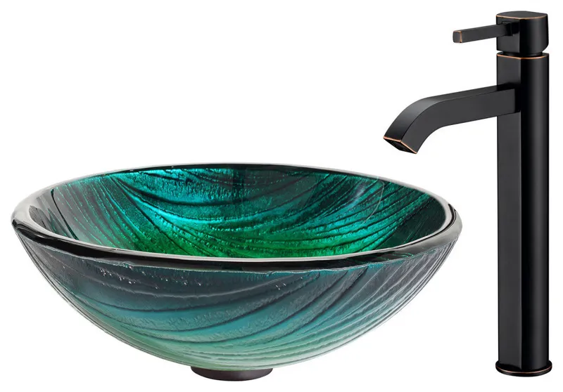 Glass Vessel Sink, Bathroom Ramus Faucet, Drain, Mounting Ring, Oil Rub Bronze