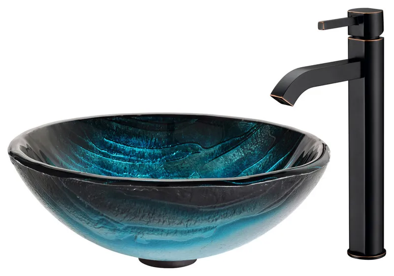 Glass Vessel Sink, Bathroom Ramus Faucet, PU Drain, Mount Ring, Oil Rub Bronze