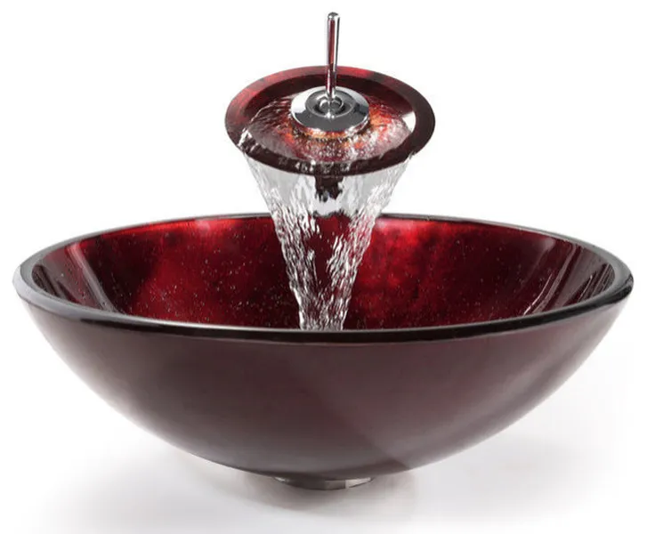 Glass Vessel Sink, Bathroom Waterfall Faucet, PU Drain, Mount Ring, Chrome