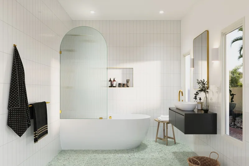 Glass Warehouse B-FL-ARC-34 Maven 66-3/4"H x 34"W Shower Screen - Satin Brass