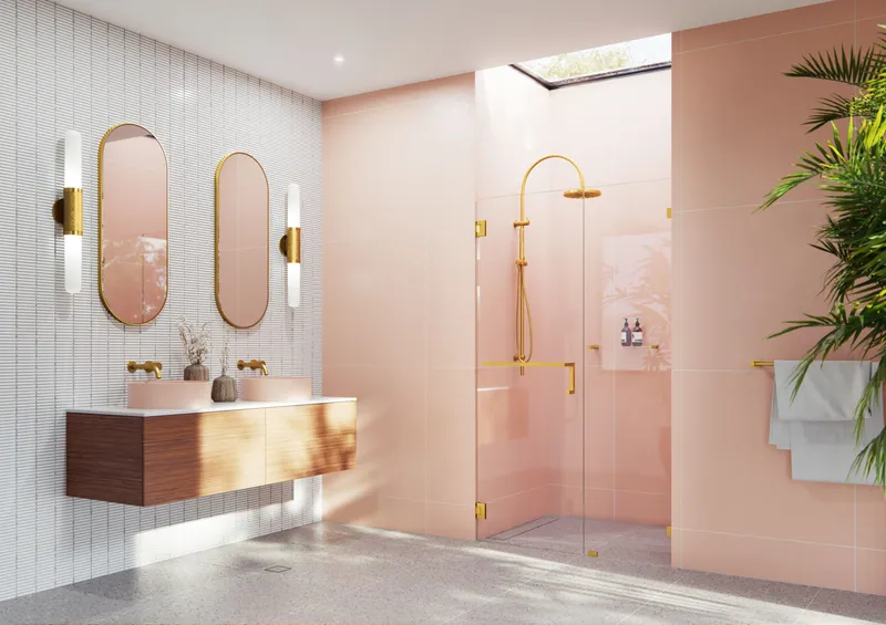 Glass Warehouse TBWH-54-5 Umbra 78"H x 54-1/2"W Hinged Frameless - Satin Brass