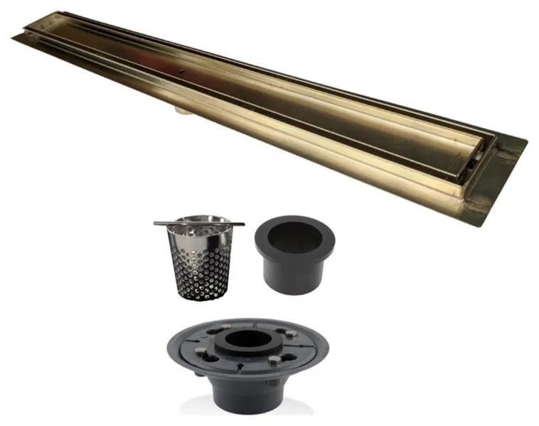 Gold Tile Insert Linear Drain, Hair Trap, ABS Drain Flange Set, by SereneDrains , 16 Inch