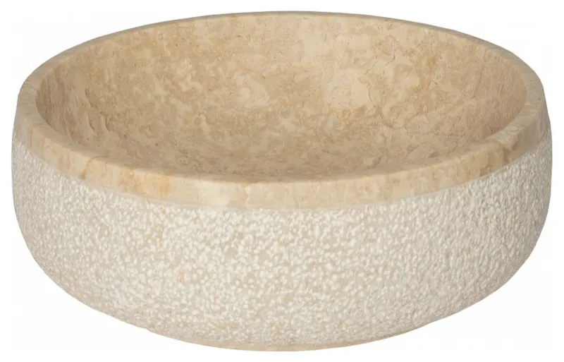 Gral Round Vessel Sink in Beige Marble with Hammered Exterior, 17 Inch, Round