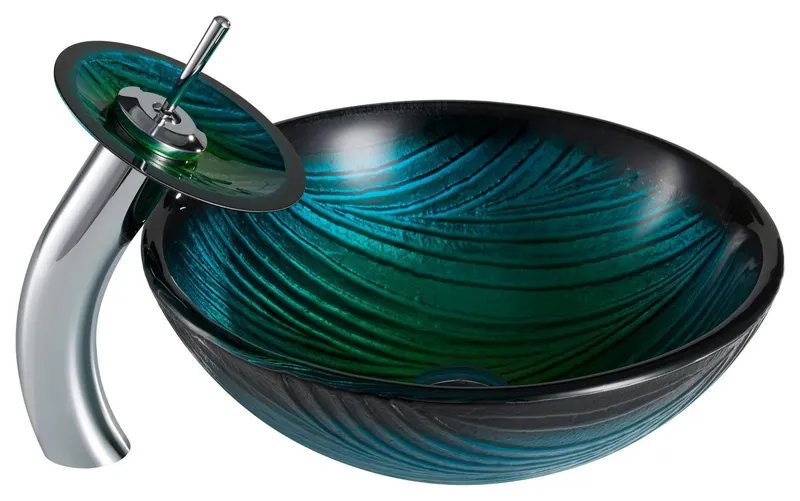 Green Glass Vessel Sink with Waterfall Faucet & Matching Pop-Up Drain, Chrome