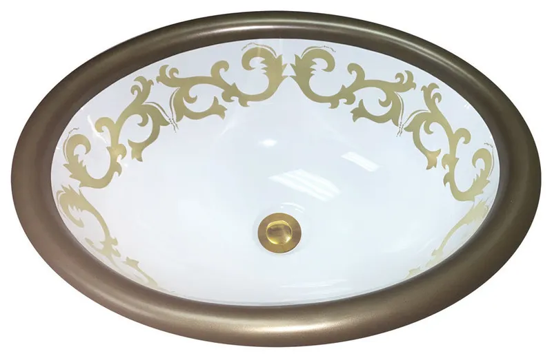 Hand Painted Sink "Jewells Scrolls" burnished gold & antique gold border drop-in