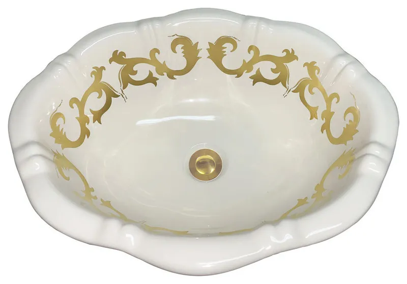 Hand Painted Sink "Jewells Scrolls" burnished gold on biscuit drop-in sink.