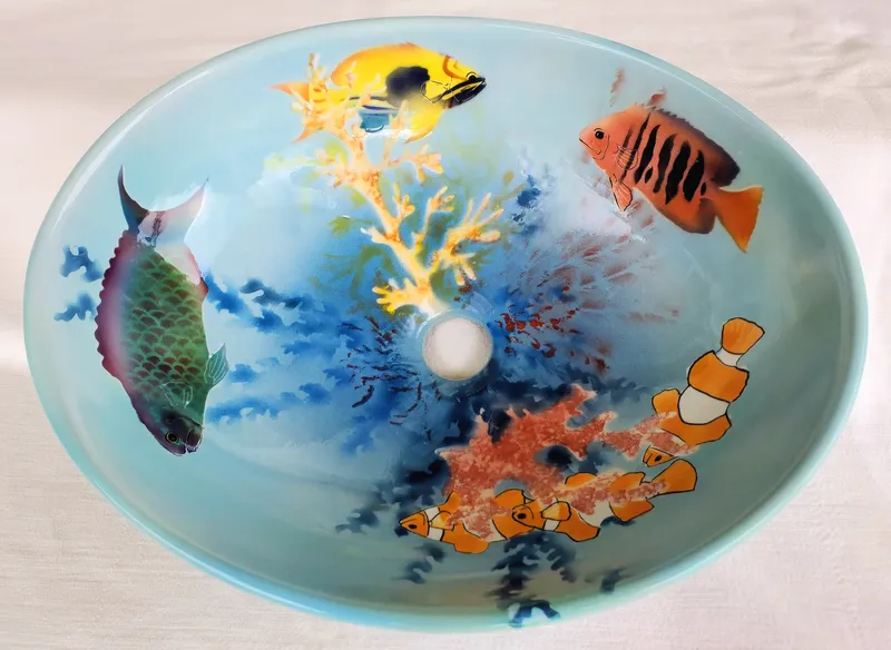 Hand Painted Tropical Fish Vessel Sink with Handmade Accent Tile Limited Edition