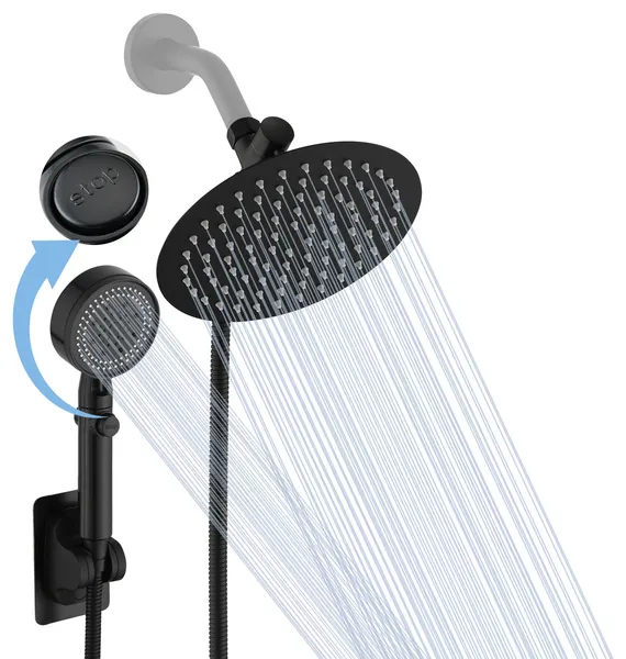 Hand shower set, high pressure round 8'' rain shower, Matte Black