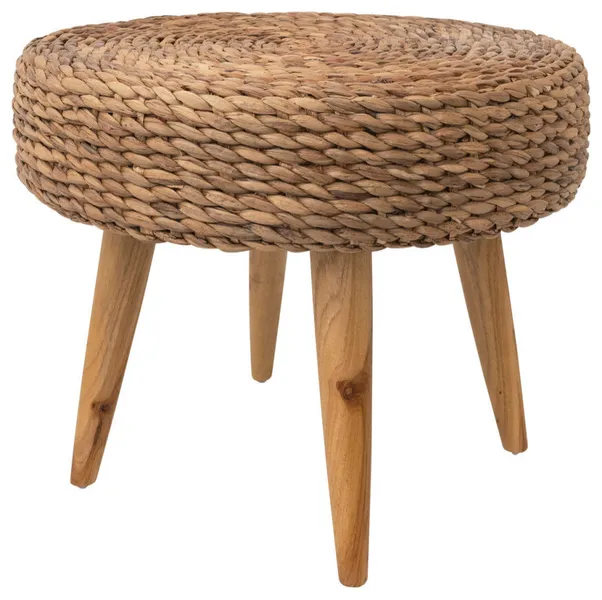 Hand-Woven Water Hyacinth and Teakwood Stool