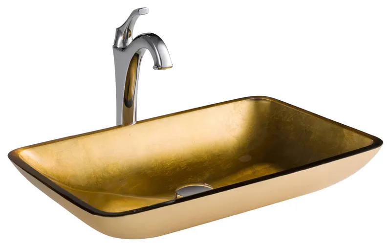 Handcrafted Gold Glass Vessel Sink Combo, Above-Counter Installation, Chrome