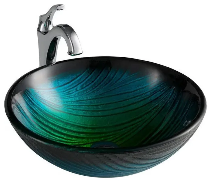 Handcrafted Tempered Glass Vessel Sink with Faucet and Pop-Up Drain Combo, Chrome