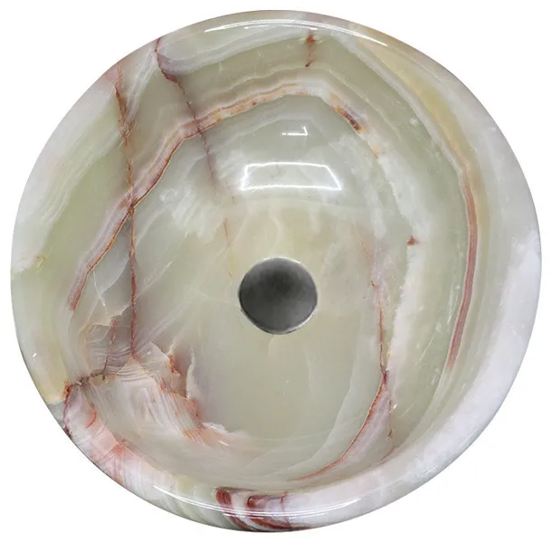 Handmade Marble Onyx Bathroom Sink, 16”, Round Vessel Sink, Light Green/Thick Rim