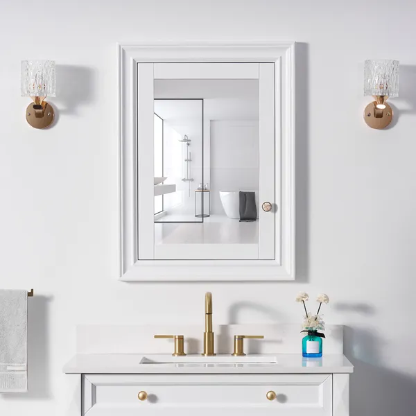 Handmade Solid Wood Recessed Medicine Cabinet with Adjustable Shelves, White, 24"x32"