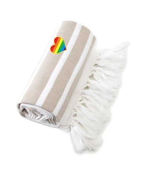 Herringbone Cheerful Rainbow Heart Pestemal Beach Towel, Beige & White